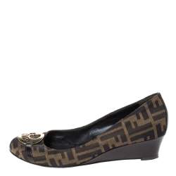 Pre Owned Fendi Brown Zucca Canvas Wedge Pumps Size 40.5