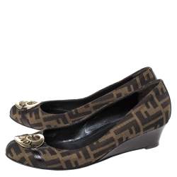 Pre Owned Fendi Brown Zucca Canvas Wedge Pumps Size 40.5