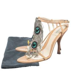 Pre Owned Fendi Beige Leather Metal Peacock Feather T Strap Sandals Size 38