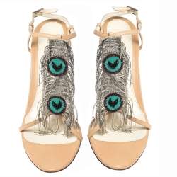 Pre Owned Fendi Beige Leather Metal Peacock Feather T Strap Sandals Size 38