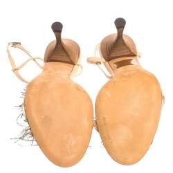 Pre Owned Fendi Beige Leather Metal Peacock Feather T Strap Sandals Size 38