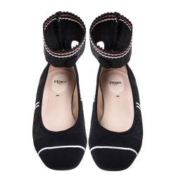 Pre Owned Fendi Black Knit Fabric Rockoko Pointelle Ankle Cuff Ballet Flat Size 40