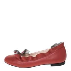 Pre Owned Fendi Brick Red Leather Ruffle Ballet Flats Size 40