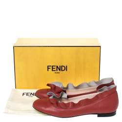 Pre Owned Fendi Brick Red Leather Ruffle Ballet Flats Size 40