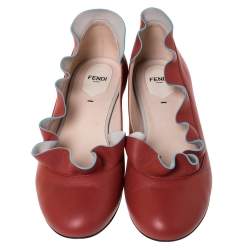 Pre Owned Fendi Brick Red Leather Ruffle Ballet Flats Size 40