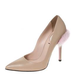Pre Owned Fendi Beige Leather Fur Trimmed Pointed Toe Pumps Size 37.5