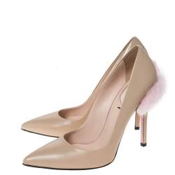 Pre Owned Fendi Beige Leather Fur Trimmed Pointed Toe Pumps Size 37.5