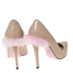 Pre Owned Fendi Beige Leather Fur Trimmed Pointed Toe Pumps Size 37.5