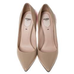 Pre Owned Fendi Beige Leather Fur Trimmed Pointed Toe Pumps Size 37.5