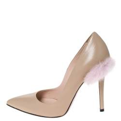 Pre Owned Fendi Beige Leather Fur Trimmed Pointed Toe Pumps Size 37.5
