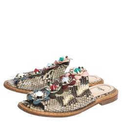 Pre Owned Fendi Beige/Brown Python Leather Flowerland Embellished Flat Slides Size 35