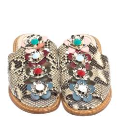 Pre Owned Fendi Beige/Brown Python Leather Flowerland Embellished Flat Slides Size 35