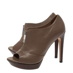 Pre Owned Fendi Brown Leather Zip Peep Toe Platform Booties Size 38