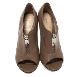 Pre Owned Fendi Brown Leather Zip Peep Toe Platform Booties Size 38