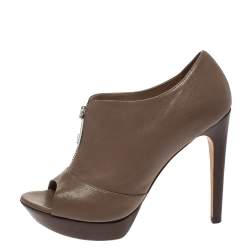 Pre Owned Fendi Brown Leather Zip Peep Toe Platform Booties Size 38