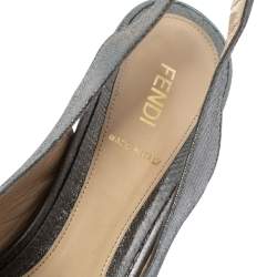 Pre Owned Fendi Grey Lame Fabric Fendista Bow Peep Toe Slingback Platform Pumps Size 39