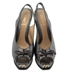 Pre Owned Fendi Grey Lame Fabric Fendista Bow Peep Toe Slingback Platform Pumps Size 39