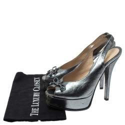 Pre Owned Fendi Grey Lame Fabric Fendista Bow Peep Toe Slingback Platform Pumps Size 39
