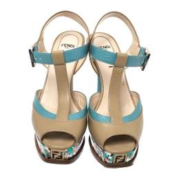 Fendi Multicolor Leather And Lizard Embossed Trim T-Strap Fendista Platform Sandals Size 37