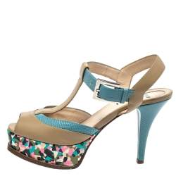 Fendi Multicolor Leather And Lizard Embossed Trim T-Strap Fendista Platform Sandals Size 37