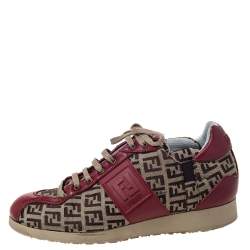 Pre Owned Fendi Zucca Beige Canvas And Red Leather Lace Up Sneakers Size 36