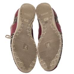 Pre Owned Fendi Zucca Beige Canvas And Red Leather Lace Up Sneakers Size 36