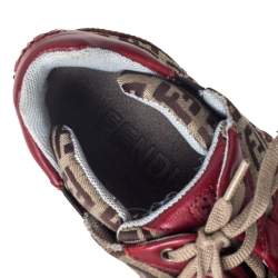 Pre Owned Fendi Zucca Beige Canvas And Red Leather Lace Up Sneakers Size 36
