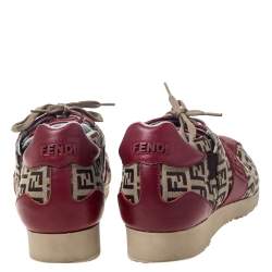 Pre Owned Fendi Zucca Beige Canvas And Red Leather Lace Up Sneakers Size 36