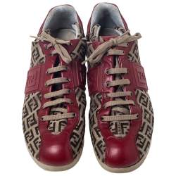Pre Owned Fendi Zucca Beige Canvas And Red Leather Lace Up Sneakers Size 36