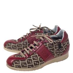 Pre Owned Fendi Zucca Beige Canvas And Red Leather Lace Up Sneakers Size 36