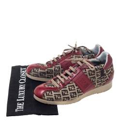 Pre Owned Fendi Zucca Beige Canvas And Red Leather Lace Up Sneakers Size 36