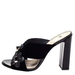 Pre Owned Fendi Black Velvet and Patent Leather Floral Applique Crisscross Sandals Size 38