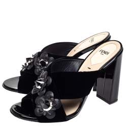 Pre Owned Fendi Black Velvet and Patent Leather Floral Applique Crisscross Sandals Size 38