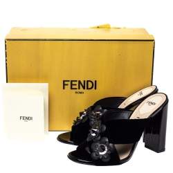 Pre Owned Fendi Black Velvet and Patent Leather Floral Applique Crisscross Sandals Size 38