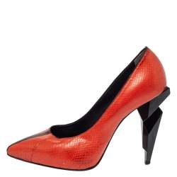 Pre Owned Fendi Orange Python Leather Diamond Heel Pumps Size 38.5