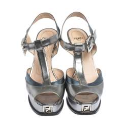 Pre Owned Fendi Metallic Silver/Blue Fendista Platform T-Bar Ankle Strap Sandals Size 37