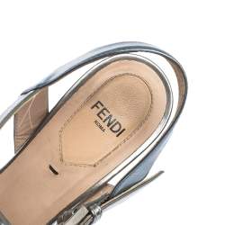 Pre Owned Fendi Metallic Silver/Blue Fendista Platform T-Bar Ankle Strap Sandals Size 37