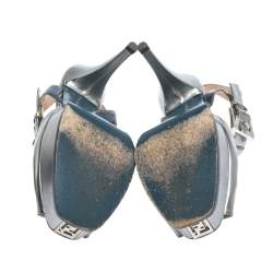 Pre Owned Fendi Metallic Silver/Blue Fendista Platform T-Bar Ankle Strap Sandals Size 37