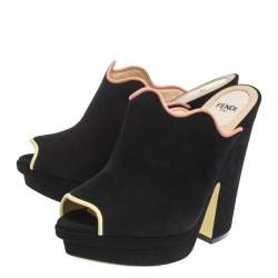 Pre Owned Fendi Black Suede Leather Wave Platform Mules Sandals Size 39