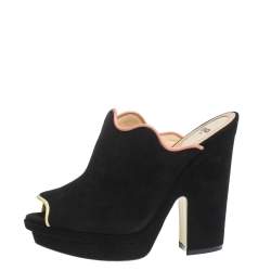 Pre Owned Fendi Black Suede Leather Wave Platform Mules Sandals Size 39