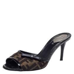 Fendi Tobacco Zucca Canvas And Black Patent Bow Slide Sandals Size 39