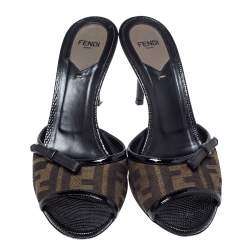 Fendi Tobacco Zucca Canvas And Black Patent Bow Slide Sandals Size 39