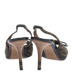 Pre Owned Fendi Brown Zucca Canvas And Leather Bow Slingback Sandals Size 37.5