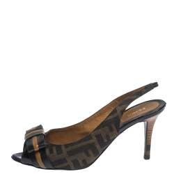 Pre Owned Fendi Brown Zucca Canvas And Leather Bow Slingback Sandals Size 37.5