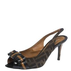 Pre Owned Fendi Brown Zucca Canvas And Leather Bow Slingback Sandals Size 37.5