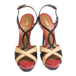 Pre Owned Fendi Tri Color Raffia And Snakeskin Strappy Slingback Platform Sandals Size 37.5