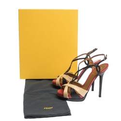 Pre Owned Fendi Tri Color Raffia And Snakeskin Strappy Slingback Platform Sandals Size 37.5