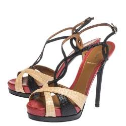 Pre Owned Fendi Tri Color Raffia And Snakeskin Strappy Slingback Platform Sandals Size 37.5