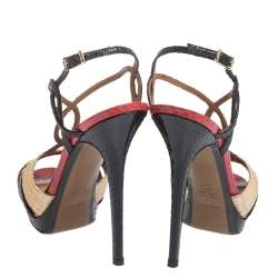 Pre Owned Fendi Tri Color Raffia And Snakeskin Strappy Slingback Platform Sandals Size 37.5