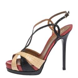 Pre Owned Fendi Tri Color Raffia And Snakeskin Strappy Slingback Platform Sandals Size 37.5